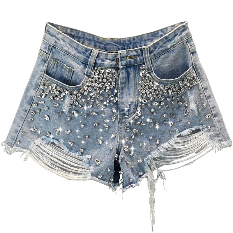 Ripped High Waist Wide-Leg Denim Gemstone Studded Shorts