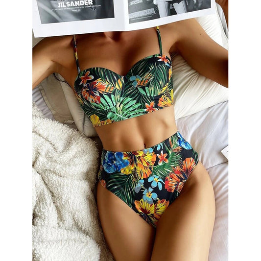 High Waist Tropical Print Push Up Bikini Set